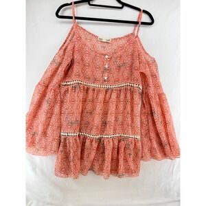 Sorad Cold Shoulder Bell Sleeve Peasant Blouse Coral Floral Print Size S